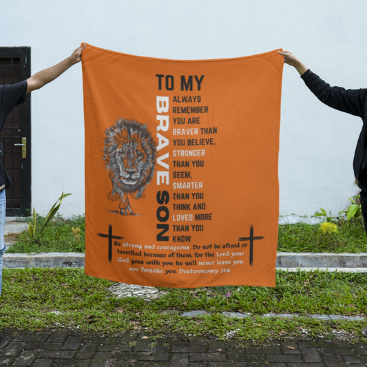 Brave Son Lion Orange Scripture Blanket